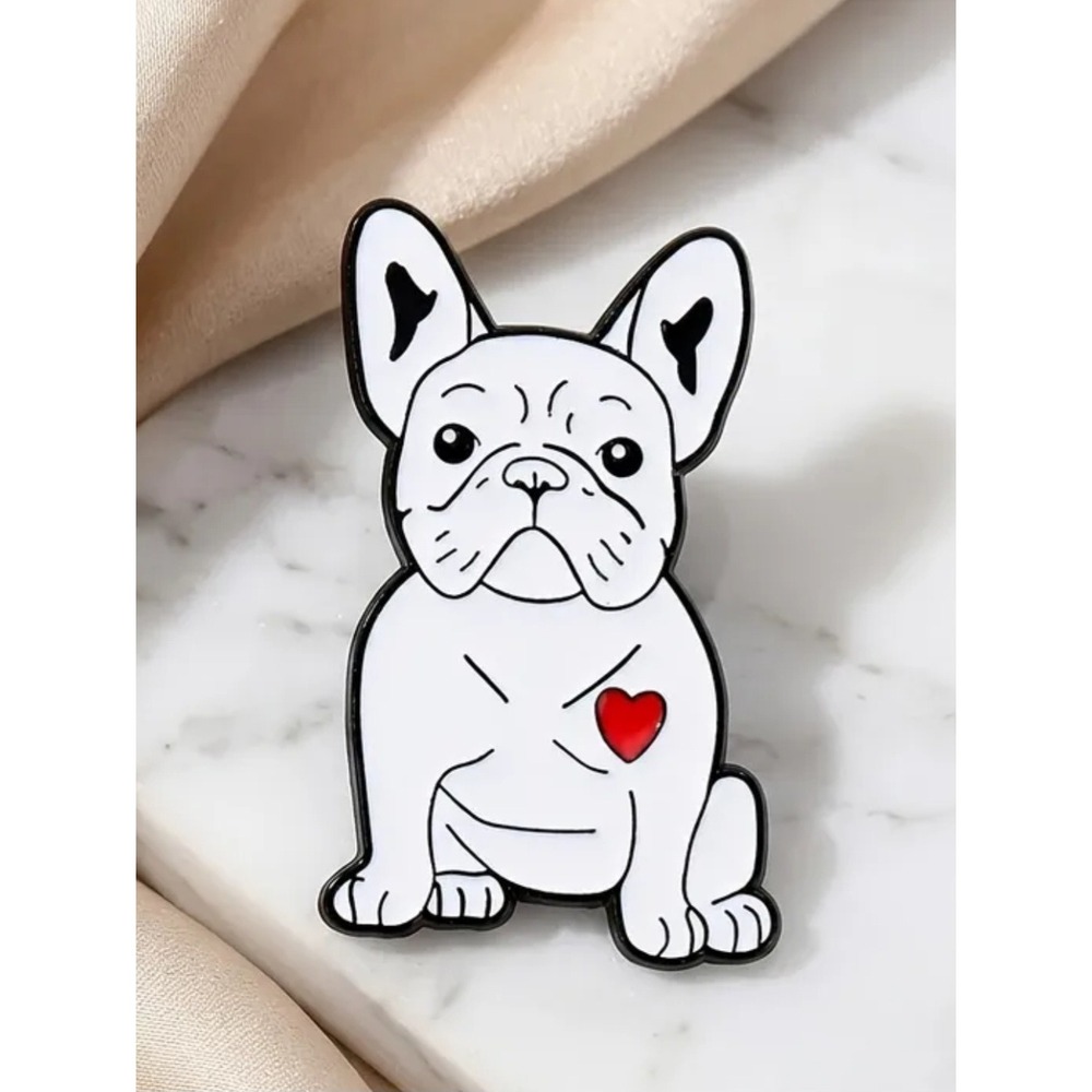French Bulldog Enamel Pin White Frenchie Dog Red Heart Lapel Pin